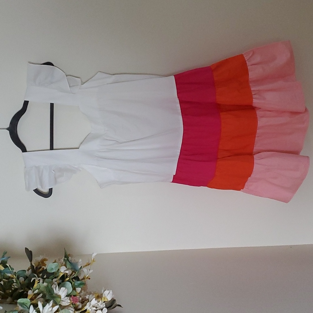 NWT BiBi Tiered Dress Ruffle Sleeves  Size Large-XL Hot Pink White Orange Peach
